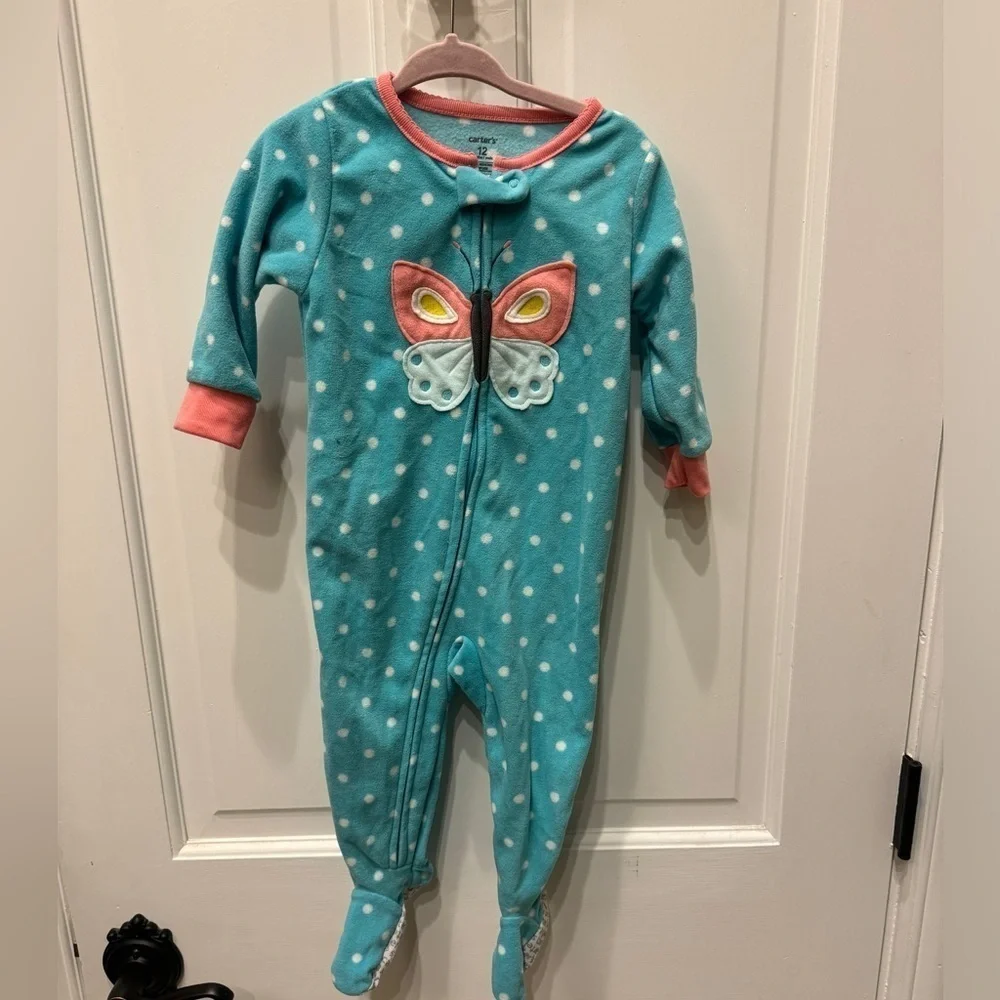 NWOT Carter’s 12M Blue Butterfly Fleece Long Sleeve Girls Footie Pajamas